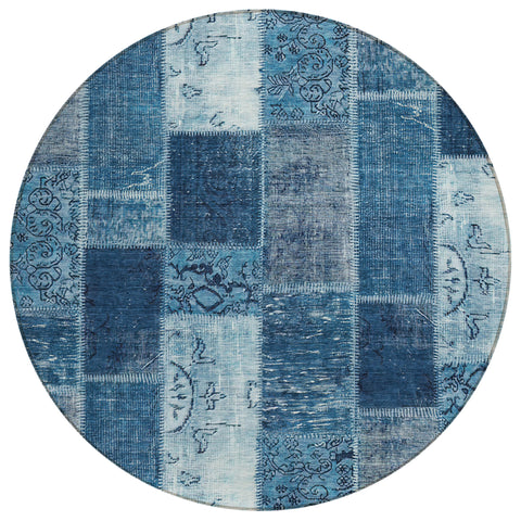 8' Navy Blue And Sky Blue Round Patchwork Washable Indoor Outdoor Area Rug