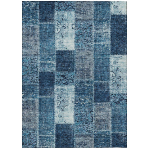 8' X 10' Navy Blue And Sky Blue Patchwork Washable Indoor Outdoor Area Rug