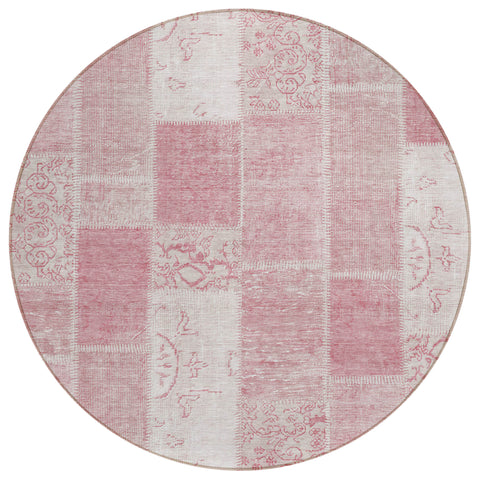 8' Pink Blush And Ivory Round Patchwork Washable Indoor Outdoor Area Rug