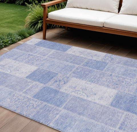 8' X 10' Sky Blue And Denim Blue Patchwork Washable Indoor Outdoor Area Rug
