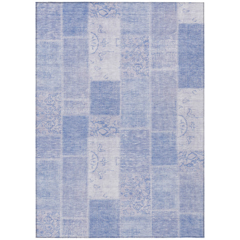 8' X 10' Sky Blue And Denim Blue Patchwork Washable Indoor Outdoor Area Rug
