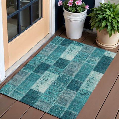 3' X 5' Teal Blue Aqua And Turquoise Patchwork Washable Indoor Outdoor Area Rug