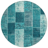8' Teal Blue Aqua And Turquoise Round Patchwork Washable Indoor Outdoor Area Rug
