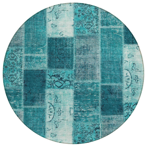 8' Teal Blue Aqua And Turquoise Round Patchwork Washable Indoor Outdoor Area Rug
