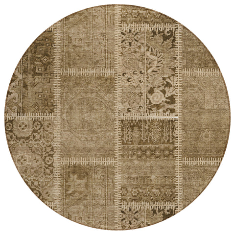 8' Brown And Beige Round Patchwork Washable Indoor Outdoor Area Rug