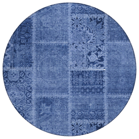 8' Navy Blue And Denim Blue Round Patchwork Washable Indoor Outdoor Area Rug