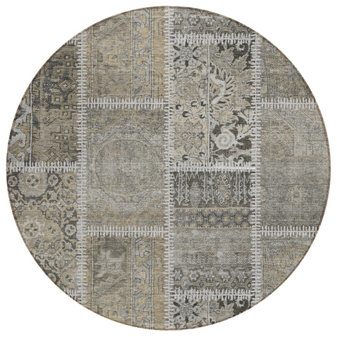 8' Taupe Beige And Tan Round Patchwork Washable Indoor Outdoor Area Rug