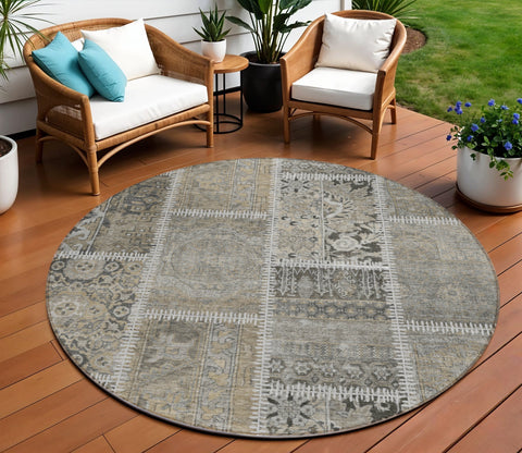 8' Taupe Beige And Tan Round Patchwork Washable Indoor Outdoor Area Rug