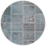 8' Teal Blue Aqua And Beige Round Patchwork Washable Indoor Outdoor Area Rug