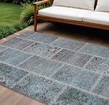 8' X 10' Teal Blue Aqua And Beige Patchwork Washable Indoor Outdoor Area Rug