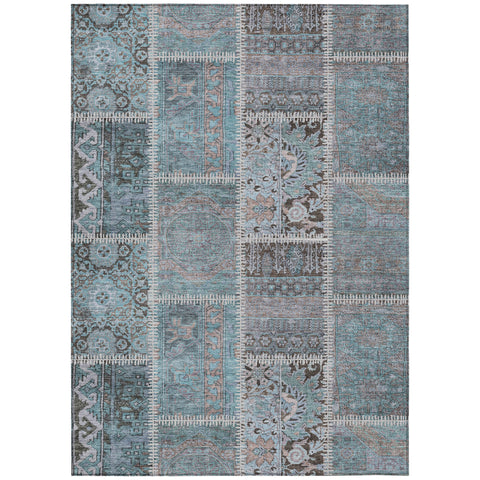 8' X 10' Teal Blue Aqua And Beige Patchwork Washable Indoor Outdoor Area Rug