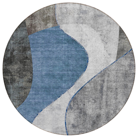8' Denim Blue And Sky Blue Round Abstract Washable Indoor Outdoor Area Rug