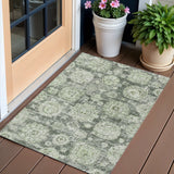 3' X 5' Artichoke Green And Olive Green Floral Washable Indoor Outdoor Area Rug