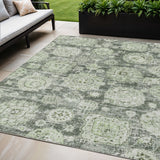 5' X 8' Artichoke Green And Olive Green Floral Washable Indoor Outdoor Area Rug