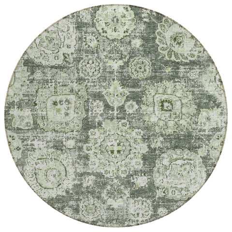 8' Artichoke Green And Olive Green Round Floral Washable Indoor Outdoor Area Rug