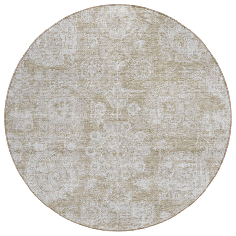 8' Beige Tan And Gray Round Floral Washable Indoor Outdoor Area Rug