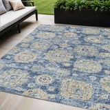 5' X 8' Navy Blue And Beige Floral Washable Indoor Outdoor Area Rug