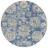 8' Navy Blue And Beige Round Floral Washable Indoor Outdoor Area Rug