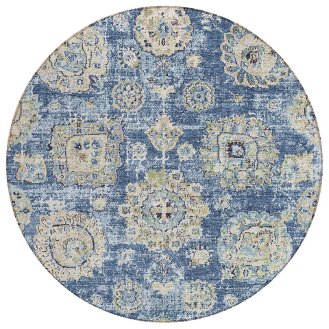 8' Navy Blue And Beige Round Floral Washable Indoor Outdoor Area Rug