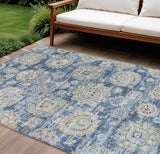 8' X 10' Navy Blue And Beige Floral Washable Indoor Outdoor Area Rug
