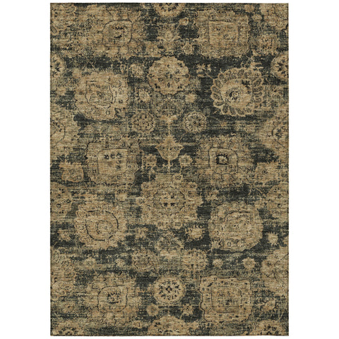 5' X 8' Charcoal Gold And Tan Floral Washable Indoor Outdoor Area Rug