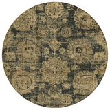 8' Charcoal Gold And Tan Round Floral Washable Indoor Outdoor Area Rug