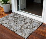 3' X 5' Chocolate And Blue Floral Washable Indoor Outdoor Area Rug