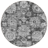 8' Gray Charcoal And Silver Round Floral Washable Indoor Outdoor Area Rug