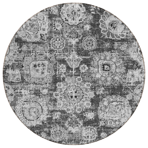 8' Gray Charcoal And Silver Round Floral Washable Indoor Outdoor Area Rug