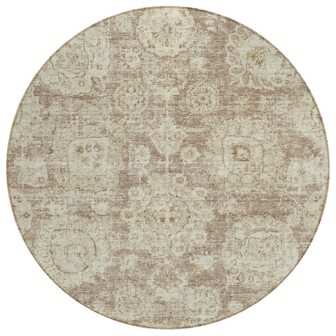 8' Brown Tan And Beige Round Floral Washable Indoor Outdoor Area Rug