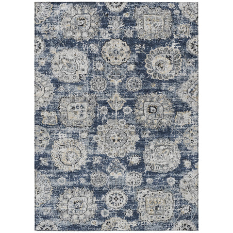 3' X 5' Navy Blue And Gray Floral Washable Indoor Outdoor Area Rug