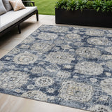 5' X 8' Navy Blue And Gray Floral Washable Indoor Outdoor Area Rug