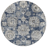 8' Navy Blue And Gray Round Floral Washable Indoor Outdoor Area Rug