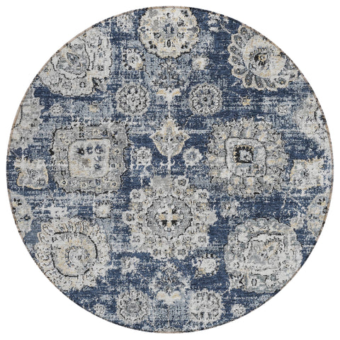 8' Navy Blue And Gray Round Floral Washable Indoor Outdoor Area Rug