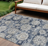 8' X 10' Navy Blue And Gray Floral Washable Indoor Outdoor Area Rug