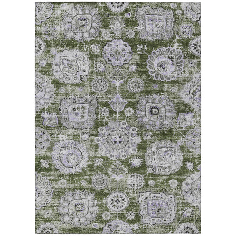 3' X 5' Olive Green And Gray Floral Washable Indoor Outdoor Area Rug