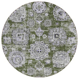 8' Olive Green And Gray Round Floral Washable Indoor Outdoor Area Rug