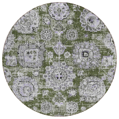 8' Olive Green And Gray Round Floral Washable Indoor Outdoor Area Rug