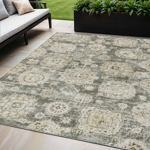 5' X 8' Taupe Beige And Gray Floral Washable Indoor Outdoor Area Rug