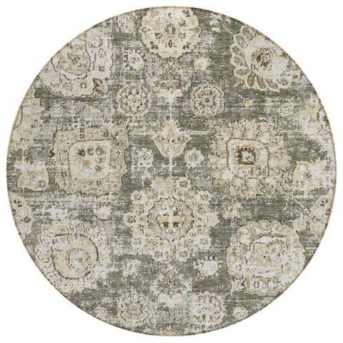 8' Taupe Beige And Gray Round Floral Washable Indoor Outdoor Area Rug