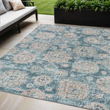 5' X 8' Teal Blue And Sky Blue Floral Washable Indoor Outdoor Area Rug
