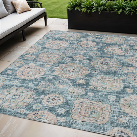 5' X 8' Teal Blue And Sky Blue Floral Washable Indoor Outdoor Area Rug