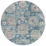 8' Teal Blue And Sky Blue Round Floral Washable Indoor Outdoor Area Rug