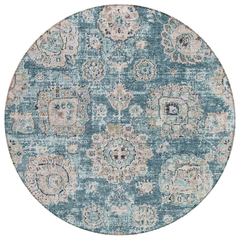8' Teal Blue And Sky Blue Round Floral Washable Indoor Outdoor Area Rug