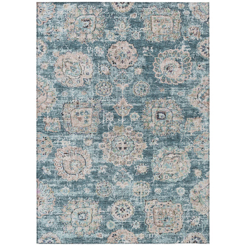 8' X 10' Teal Blue And Sky Blue Floral Washable Indoor Outdoor Area Rug
