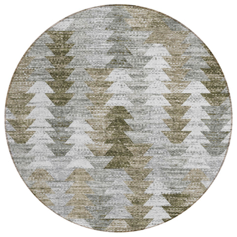 8' Brown Beige And Gray Round Geometric Washable Indoor Outdoor Area Rug