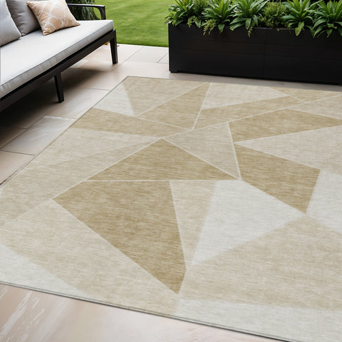 5' X 8' Beige Tan And Ivory Geometric Washable Indoor Outdoor Area Rug