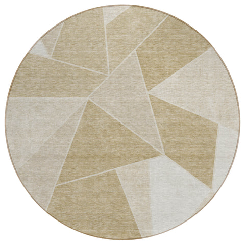 8' Beige Tan And Ivory Round Geometric Washable Indoor Outdoor Area Rug