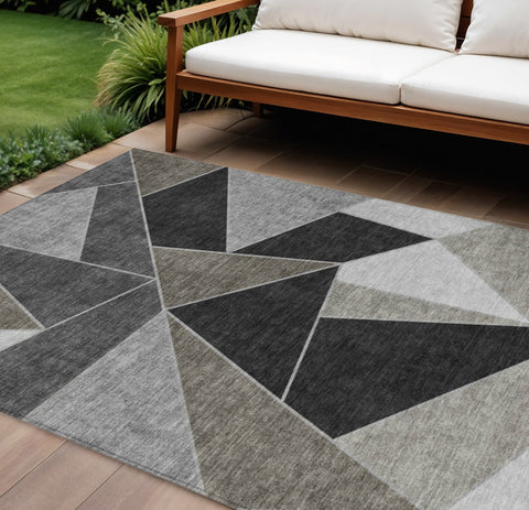 8' X 10' Coffee Charcoal And Gray Geometric Washable Indoor Outdoor Area Rug