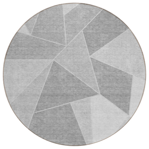8' Gray Silver And Graphite Round Geometric Washable Indoor Outdoor Area Rug